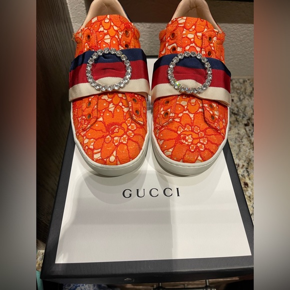 Gucci Orange Lace Sylvie Web Flower Leaf Sneakers - Picture 1 of 8